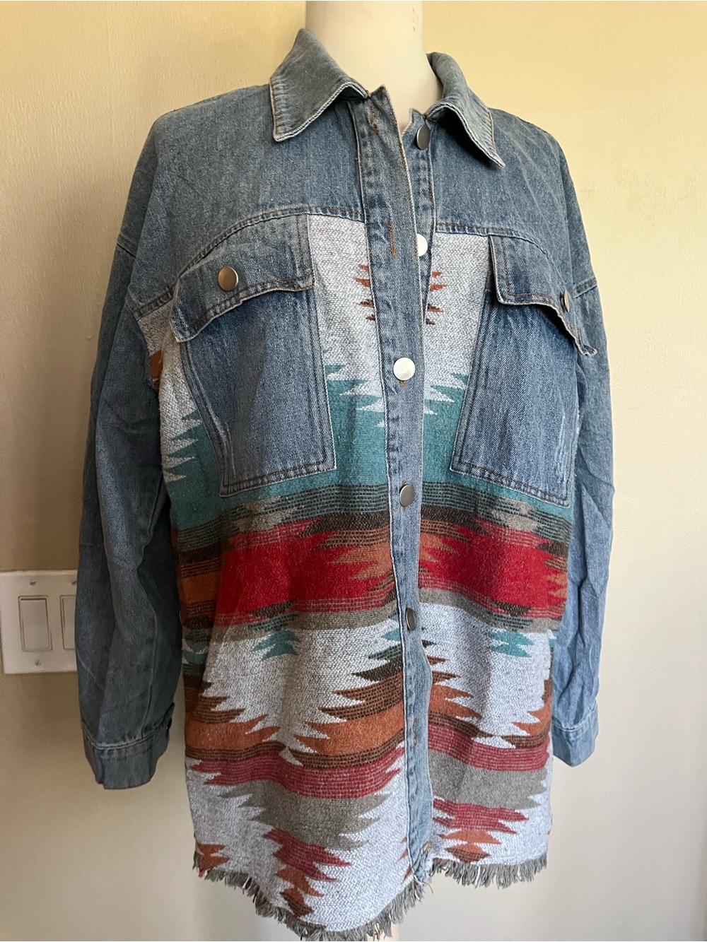 Denim Patchwork Native-Print Jacket - Blue